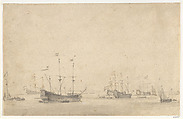 A Dutch Fleet Lying at Anchor, Willem van de Velde II (Dutch, Leiden 1633–1707 London), Pencil, pen and brown ink, brush and gray ink over gray wash