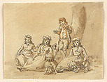 A Group of Four Children, with Dogs, Paul Sandby (British, baptized Nottingham 1731–1809 London), Brush and brown ink and brown washes over pencil.
