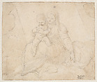 Madonna and Child Seated on a Cloud, Possibly Unknown (Spanish), Black chalk and brown wash