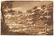 Forest Clearing with Figures, Jan Frans van Bloemen (Flemish, Antwerp 1662–1749 Rome) (?), Pen and brown ink, brown wash on paper backed with Japan paper.