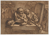 Old Couple with a Child Playing a Pipe, Follower of Jacob Jordaens (Flemish, Antwerp 1593–1678 Antwerp), Pen and brush and brown gallnut ink, brown and grayish brown washes.