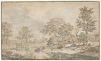 Landscape with a Bridge, Flanders (mid-seventeenth century), Pen and brown ink, brush and bluish gray wash over traces of graphite, Flemish