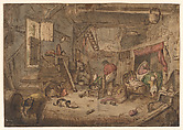 Peasant Family in a Barn, Copy after Isaac van Ostade (Dutch, Haarlem 1621–1649 Haarlem), Pen and brown ink, brown and gray wash, and watercolor (mainly brown, gray, red, green, yellow) over traces of black chalk.