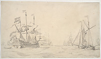 A Large Dutch Ship with a Fleet at Sea and Two Small Vessels, Willem van de Velde I (Dutch, Leiden 1611–1693 London), Pencil, brush and gray ink and gray wash.