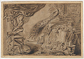 Still Life of Fruit, Musical Instruments, and Venison, with a Young Man at the Left, Copy after Jan Fijt (Antwerp 1611–Antwerp 1661), Brush and brown ink and greasy brownish black chalk over black chalk, heightened with white.