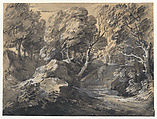 Wooded Landscape with a Man Crossing a Bridge, Thomas Gainsborough (British, Sudbury 1727–1788 London), Black and white chalk, brush and gray ink, gray wash and with body color on tan paper