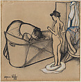 Before the Bath, Suzanne Valadon (French, Bessines-sur-Gartempe 1865–1938 Paris), Charcoal, colored and white chalk, with linear charcoal border on all edges, on dark buff wove paper mounted on board