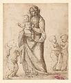 Madonna and Child with the Infant Saint John the Baptist and Two Putti (recto); Madonna and Child with the Infant Saint John the Baptist and a Putto (verso), Fra Bartolomeo (Bartolomeo di Paolo del Fattorino) (Italian, Florence 1473–1517 Florence), Pen and brown ink, touches of brown wash, heightened with white (partly oxidized), over traces of black chalk, on tinted paper; partial tracing of figures from the verso (recto); Pen and brown ink over black chalk (verso)