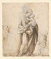 Madonna and Child with the Infant Saint John the Baptist and Two Putti (recto); Madonna and Child with the Infant Saint John the Baptist and a Putto (verso), Fra Bartolomeo (Bartolomeo di Paolo del Fattorino) (Italian, Florence 1473–1517 Florence), Pen and brown ink, touches of brown wash, heightened with white (partly oxidized), over traces of black chalk, on tinted paper; partial tracing of figures from the verso (recto); Pen and brown ink over black chalk (verso)