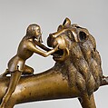 Aquamanile in the Form of Samson and
the Lion, Bronze; quaternary copper alloy (approx. 78% copper, approx. 10% zinc, approx. 6% tin, approx. 5% lead) with natural patina. Remnants of the iron armature are in the lion’s legs and the figure of Samson., Northern European (?), possibly German
