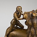 Aquamanile in the Form of Samson and
the Lion, Bronze; quaternary copper alloy (approx. 78% copper, approx. 10% zinc, approx. 6% tin, approx. 5% lead) with natural patina. Remnants of the iron armature are in the lion’s legs and the figure of Samson., Northern European (?), possibly German
