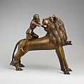 Aquamanile in the Form of Samson and
the Lion, Bronze; quaternary copper alloy (approx. 78% copper, approx. 10% zinc, approx. 6% tin, approx. 5% lead) with natural patina. Remnants of the iron armature are in the lion’s legs and the figure of Samson., Northern European (?), possibly German