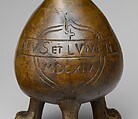 Aquamanile in the Form of a Gourd with a
Human Head, Bronze; quaternary copper alloy (62.8% copper, 18.3% lead; 11.9% zinc, 7% tin); with a thin layer of dark patina., German