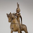 Aquamanile in the Form of a Knight on
Horseback, Bronze; Quaternary copper alloy with a high content of zinc (approx. 73% copper, approx. 15% zinc, approx. 7% lead, approx. 3% tin) with natural patina, hollow cast; remnants of the clay core
and iron armature in the legs, German, Lower Saxony (?)