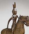 Aquamanile in the Form of a Knight on
Horseback, Bronze; Quaternary copper alloy with a high content of zinc (approx. 73% copper, approx. 15% zinc, approx. 7% lead, approx. 3% tin) with natural patina, hollow cast; remnants of the clay core
and iron armature in the legs, German, Lower Saxony (?)