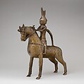 Aquamanile in the Form of a Knight on
Horseback, Bronze; Quaternary copper alloy with a high content of zinc (approx. 73% copper, approx. 15% zinc, approx. 7% lead, approx. 3% tin) with natural patina, hollow cast; remnants of the clay core
and iron armature in the legs, German, Lower Saxony (?)
