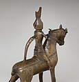 Aquamanile in the Form of a Knight on
Horseback, Bronze; Quaternary copper alloy with a high content of zinc (approx. 73% copper, approx. 15% zinc, approx. 7% lead, approx. 3% tin) with natural patina, hollow cast; remnants of the clay core
and iron armature in the legs, German, Lower Saxony (?)