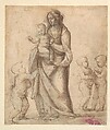 Madonna and Child with the Infant Saint John the Baptist and Two Putti (recto); Madonna and Child with the Infant Saint John the Baptist and a Putto (verso), Fra Bartolomeo (Bartolomeo di Paolo del Fattorino) (Italian, Florence 1473–1517 Florence), Pen and brown ink, touches of brown wash, heightened with white (partly oxidized), over traces of black chalk, on tinted paper; partial tracing of figures from the verso (recto); Pen and brown ink over black chalk (verso)