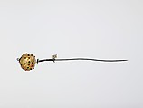 Hairpin, Lamp-worked colorless glass, gilt, wth clear trailed decoration and green and red 
