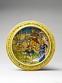 Broth bowl and cover (scodella and tagliere) from an accouchement set; Aeneas leaving Troy with his father and son (inside bowl); Pyramis and Thisbe (on cover), Baldassare Manara (Italian, Faenza, active first half 16th century), Maiolica (tin-glazed earthenware)