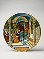 Large Dish (tagliere): Pope Leo X presenting a baton to Federigo II Gonzaga, marquis of Mantua, on his appointment as captain general of the Church in 1521., Nicola da Urbino (Italian, active by 1520–died ?1537/38 Urbino), Maiolica (tin-glazed earthenware)