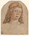 Head of a Youth with a Diadem, Cristoforo Caselli (1460–1521) (?), Pen and brown ink, brown wash, red and blue watercolor, on tinted paper., Italian