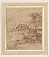 Mountainous Landscape with a Rock, Trees, and Buildings, Domenico Campagnola (Italian, Venice (?) 1500–1564 Padua), Pen and brown ink