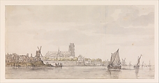 View of the Groote Kerk in Dordrecht from the River Maas, Aelbert Cuyp (Dutch, Dordrecht 1620–1691 Dordrecht), Black chalk and moistened black chalk, gray wash (mainly in the clouds, water and sails), greenish yellow and grayish green wash (in the trees and under the houses at the left), and touches of brown chalk (in and under the houses at the left and on the large sailboat).