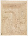 Saint Francis Before the Bishop, Attributed to Niccolò Solimani (Niccolò da Verona) (Italian, Mantua act. 1461–93), Pen and light and dark brown ink, brown wash, over traces of black chalk.