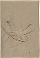 Study of the Forearms and Hands of a Woman, Sir Peter Lely (Pieter van der Faes) (British, Soest 1618–1680 London), Black chalk with touches of red, heightened with white, on buff paper.