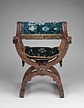 Hip-joint armchair (Dantesca type, associated with 1975.1.1976 a,b), Walnut, carved; silk cut velvet, metal., Italian, American (United States)