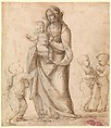 Madonna and Child with the Infant Saint John the Baptist and Two Putti (recto); Madonna and Child with the Infant Saint John the Baptist and a Putto (verso), Fra Bartolomeo (Bartolomeo di Paolo del Fattorino) (Italian, Florence 1473–1517 Florence), Pen and brown ink, touches of brown wash, heightened with white (partly oxidized), over traces of black chalk, on tinted paper; partial tracing of figures from the verso (recto); Pen and brown ink over black chalk (verso)