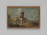 Capriccio with a Circular Tower, Two Houses, and a Bridge, Follower of Francesco Guardi (Italian, Venice 1712–1793 Venice), Oil on paper, laid down on Masonite, Italian