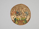 Saint Martin Offering the Wine Cup to the Priest, Linen plain weave underlaid with linen plain weave and embroidered silk and gilt-metal-strip-wrapped silk in single satin, split, and stem stitches, laid work, and couching, including or nué, Flemish