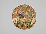 Saint Martin Offering the Wine Cup to the Priest, Linen plain weave underlaid with linen plain weave and embroidered silk and gilt-metal-strip-wrapped silk in single satin, split, and stem stitches, laid work, and couching, including or nué, Flemish