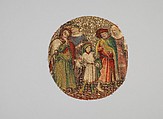 Saint Martin Announcing to His Parents That He Will Become a Christian, Linen plain weave underlaid with linen plain weave and embroidered with silk and gilt-metal-strip-wrapped silk in split and stem stitches, laid work, and couching, including or nué, Flemish