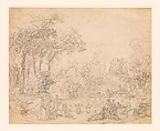 View of a Park, Jean Honoré Fragonard (French, Grasse 1732–1806 Paris), Black chalk with gray wash and touches of green and pink watercolor over pencil underdrawing; verso: black chalk.