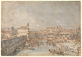 Padua: The River Bacchiglione and the Porta Portello, Canaletto (Giovanni Antonio Canal) (Italian, Venice 1697–1768 Venice), Pen and brown ink, gray wash