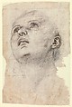 Study of the Head of a Youth Gazing Upward, Workshop of Perugino (Pietro di Cristoforo Vannucci) (Italian, Città della Pieve, active by 1469–died 1523 Fontignano), Black chalk;  Squared in black chalk; eyes, nose, ears, mouth retouched with pen and brown ink.