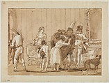 Punchinello as a Dressmaker, Giovanni Domenico Tiepolo (Italian, Venice 1727–1804 Venice), Pen and brown ink, brown wash, over black chalk