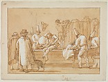 Punchinello as Tailor's Assistant, Giovanni Domenico Tiepolo (Italian, Venice 1727–1804 Venice), Pen and brown ink, light brown wash, over black chalk