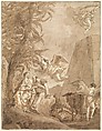The Rest on the Flight into Egypt (with a Truncated Pyramid on the Right), Giovanni Domenico Tiepolo (Italian, Venice 1727–1804 Venice), Pen and brown ink, brown wash, over rough black chalk