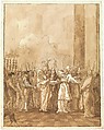 The Betrothal of the Virgin, Giovanni Domenico Tiepolo (Italian, Venice 1727–1804 Venice), Pen and brown ink, brown wash, over black chalk.
