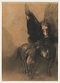 Pegasus and Bellerophon, Odilon Redon (French, Bordeaux 1840–1916 Paris), Charcoal, charcoal with water wash, white chalk, conté crayon, and highlighting by erasure on buff papier bleuté, darkened.