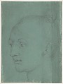 Head of a Young Woman, Albrecht Dürer (German, Nuremberg 1471–1528 Nuremberg), Black chalk highlighted with white chalk (abraded) on green prepared paper.