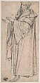 Standing Scholar (Prophet?) Turned to the Right (Recto); Standing Scholar (Prophet?) Turned to the Left (Verso), Germany, Middle Rhine (ca. 1460–1470), Pen and carbon black ink, traces of black chalk underdrawing, on paper prepared with sanguine wash, Germany, Middle Rhine