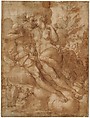Jupiter and Io (recto); sketch of a male figure stabbing himself in the chest (verso), Attributed to Francesco Salviati (Francesco de' Rossi) (Italian, Florence 1510–1563 Rome), Pen and brown ink, brush and brown wash, over traces of black chalk; squared in red chalk (recto); pen and gray ink (verso)