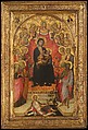 Madonna and Child Enthroned with Saint John the Evangelist, Saint Peter, Saint Agnes, Saint Catherine of Alexandria, Saint Lucy, an Unidentified Female Saint, Saint Paul, and Saint John the Baptist, with Eve and the Serpent; the Annunciation, Paolo di Giovanni Fei (Italian, San Quirico, active by 1369–died 1411), Tempera on wood, gold ground
