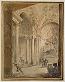 Interior of Saint Peter's, Hubert Robert (French, Paris 1733–1808 Paris), Pen and black ink over blue, green, and rose watercolor, gray and brown wash with red chalk underdrawing.