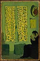 The Green Interior (Figure Seated by a Curtained Window), Edouard Vuillard (French, Cuiseaux 1868–1940 La Baule), Oil on cardboard, mounted on cradled wood